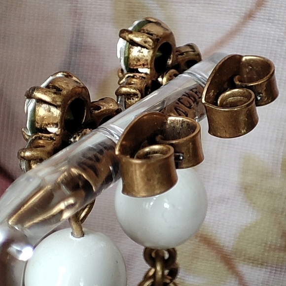 J. Crew Teardrop Eggshell Color Acrylic Brass Tone Rhinestone Pierced Earrings - Picture 8 of 12